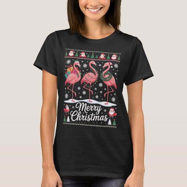 Flamingo Weihnachts Shirt  mit Santa und Geschenk (Front)