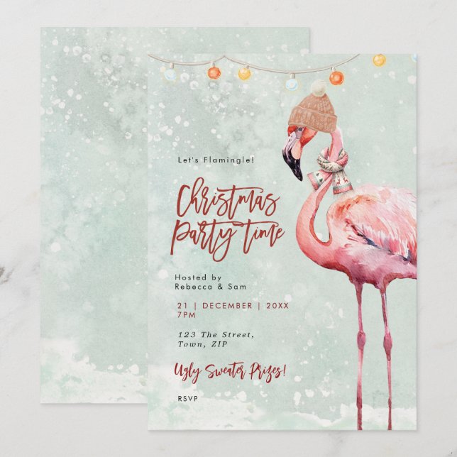 flamingo winter Christmas party invitation (Front/Back)