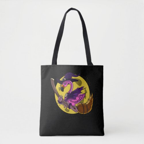 Flamingo Witch Riding Broom Magical Halloween Tote Bag