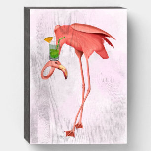 Flamingo with a Cocktail Wooden Box Sign