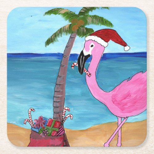 Flamingo with a touch of paradise square paper coaster