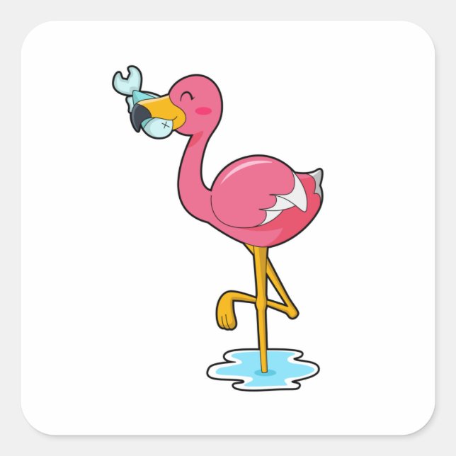 Flamingo with Fish Square Sticker (Front)