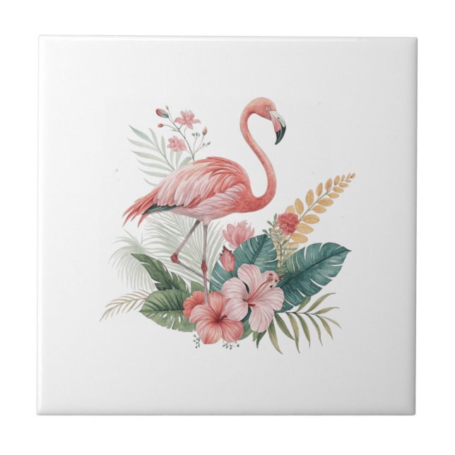 Flamingo With Flowers Ceramic Tile (Front)