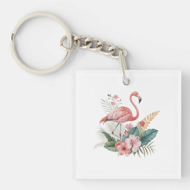 Flamingo With Flowers Keychain (Front)
