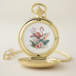 Flamingo With Flowers Pocket Watch