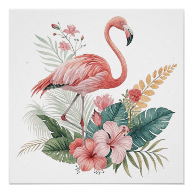 Flamingo With Flowers Poster (Front)