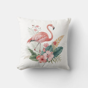 Flamingo With Flowers Throw Pillow