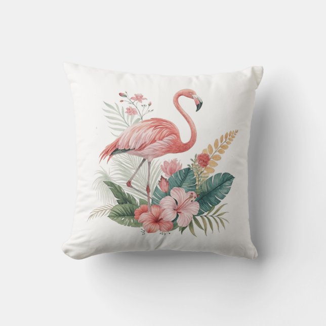 Flamingo With Flowers Throw Pillow (Front)