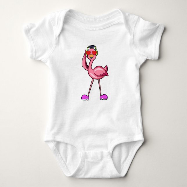 Flamingo with Headphone & Hearts Baby Bodysuit (Front)