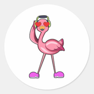 Flamingo with Headphone & Hearts Classic Round Sticker