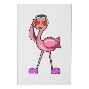 Flamingo with Headphone & Hearts Faux Canvas Print