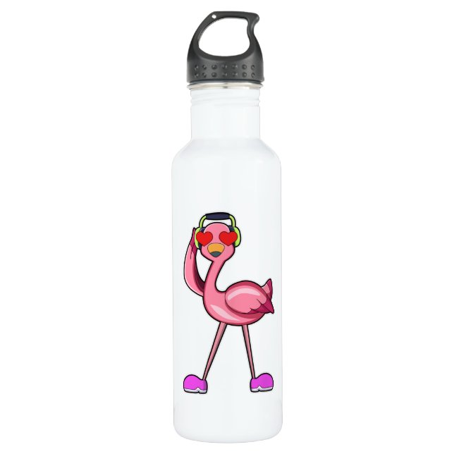 Flamingo with Headphone & Hearts Stainless Steel Water Bottle (Front)