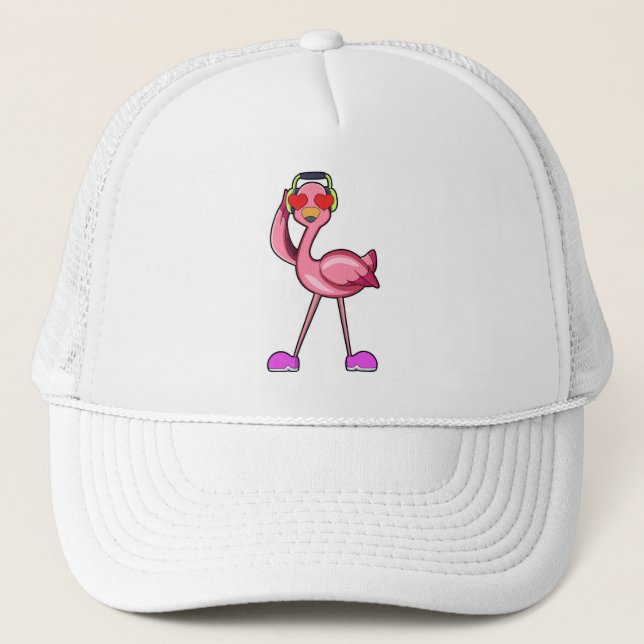 Flamingo with Headphone & Hearts Trucker Hat (Front)