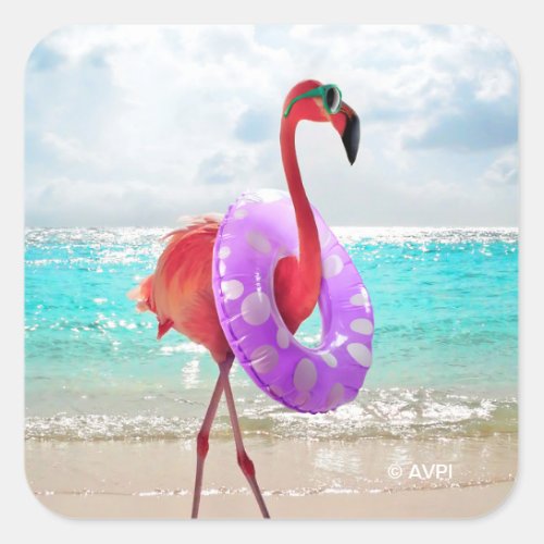 Flamingo With Inner Tube Square Sticker