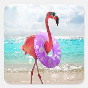Flamingo With Inner Tube Square Sticker