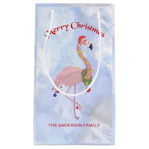 Flamingo with Lanterns Over Ice Background Small Gift Bag