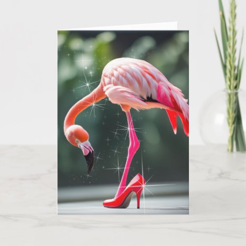 Flamingo With Red High Heel Shoe Card