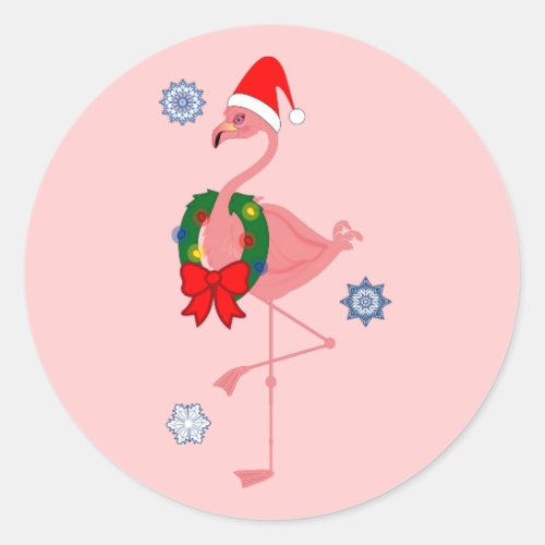 Flamingo with Santa Hat and Wreath Classic Round Sticker
