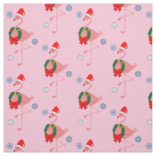 Flamingo with Santa Hat and Wreath Fabric