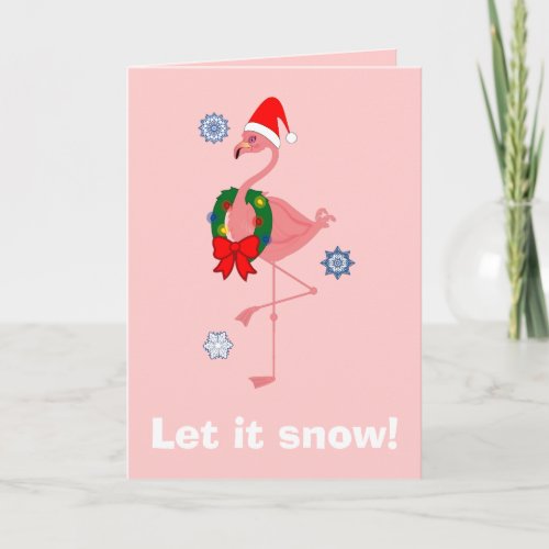 Flamingo with Santa Hat and Wreath Holiday Card