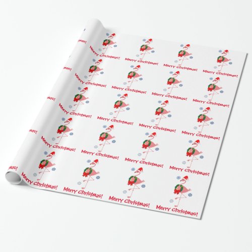 Flamingo with Santa Hat and Wreath Merry Christmas Wrapping Paper