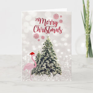 Flamingo With Santa Hat,Pine Trees,Glittery Bokeh Holiday Card