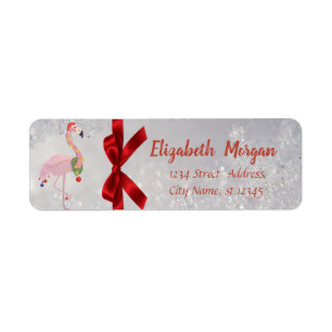 Flamingo With Santa Hat Silver, Red Bow, Holiday Label