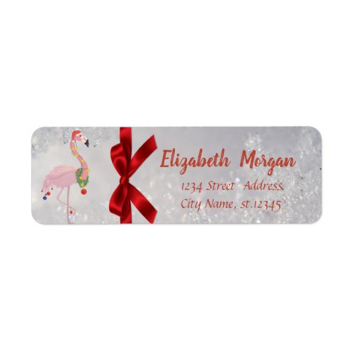 Flamingo With Santa Hat Silver Red Bow Holiday Label