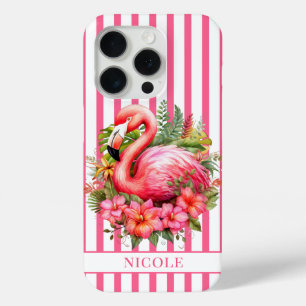 Flamingo with Tropical Flowers on Stripes iPhone 15 Pro Case