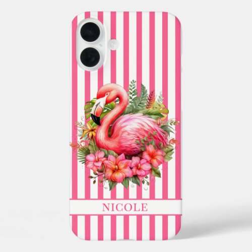 Flamingo with Tropical Flowers on Stripes iPhone 16 Plus Case