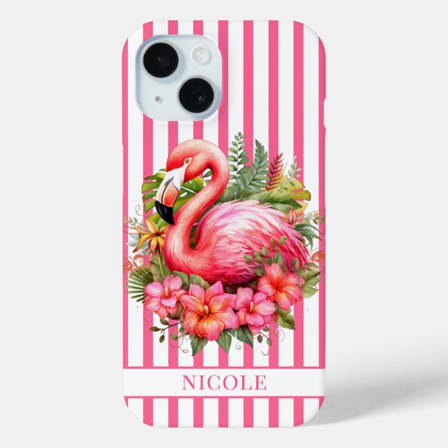 Flamingo with Tropical Flowers on Stripes Case-Mate iPhone Case (Back)