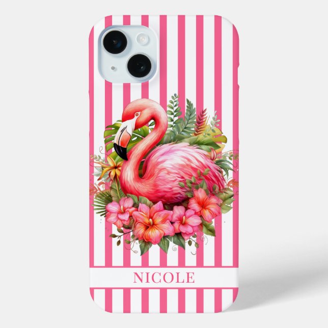 Flamingo with Tropical Flowers on Stripes Case-Mate iPhone Case (Back)