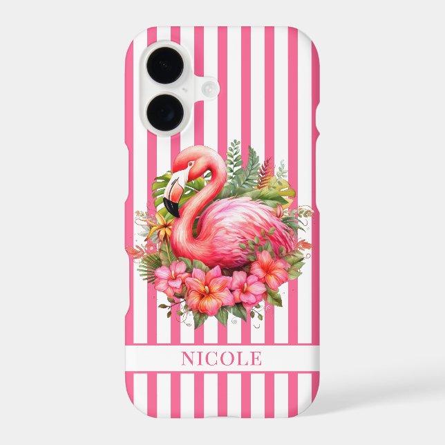 Flamingo with Tropical Flowers on Stripes Case-Mate iPhone Case (Back)