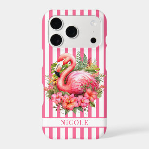 Flamingo with Tropical Flowers on Stripes iPhone 17 Pro Case