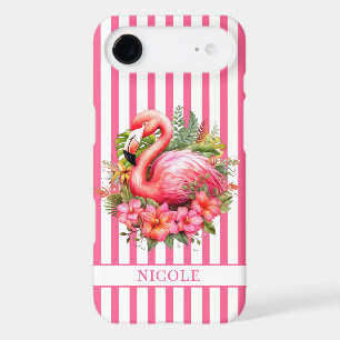 Flamingo with Tropical Flowers on Stripes iPhone 17 Air Case