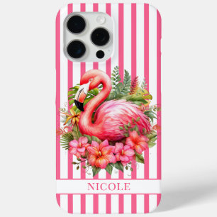 Flamingo with Tropical Flowers on Stripes iPhone 15 Pro Max Case