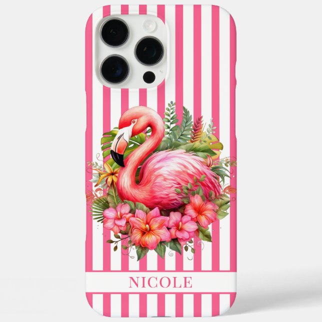 Flamingo with Tropical Flowers on Stripes Case-Mate iPhone Case (Back)