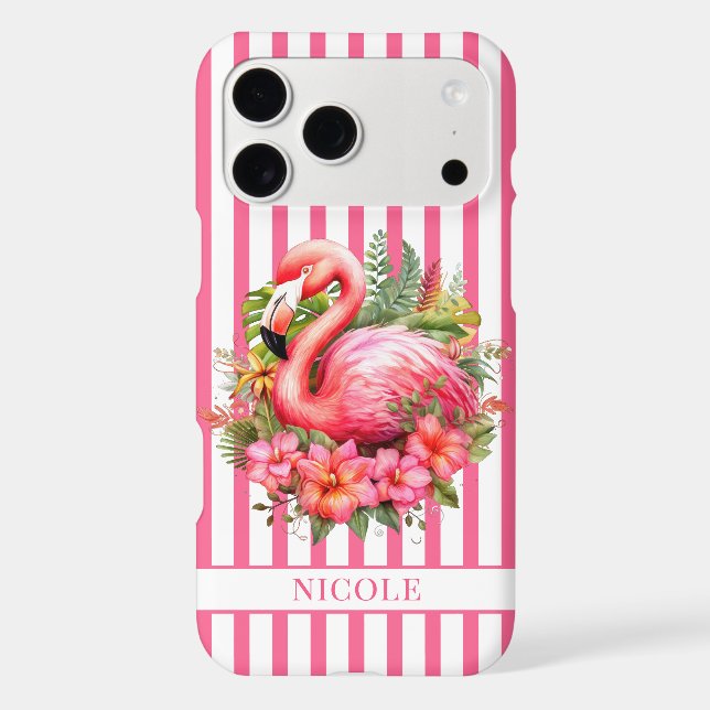 Flamingo with Tropical Flowers on Stripes Case-Mate iPhone Case (Back)