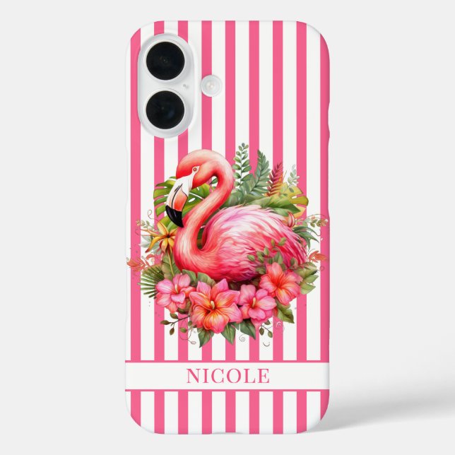 Flamingo with Tropical Flowers on Stripes Case-Mate iPhone Case (Back)