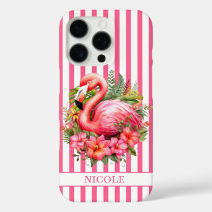 Flamingo with Tropical Flowers on Stripes iPhone 16 Pro Case