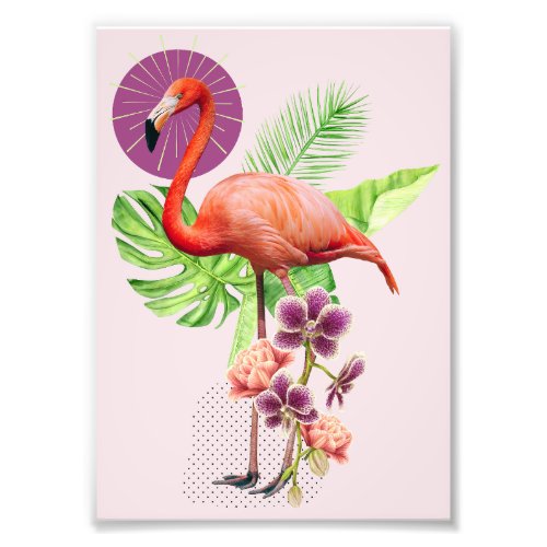 Flamingo with vintage style flowers photo print