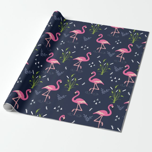 Flamingo Wrapping Paper - Pink Flamingos on Navy B (Unrolled)
