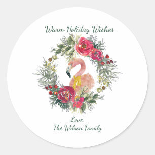 Flamingo Wreath Warm Holiday Wishes Custom Classic Round Sticker