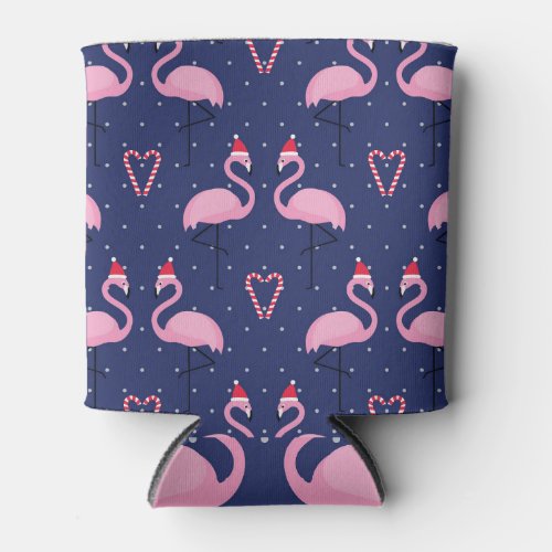Flamingo Xmas Hat Candy Pattern Can Cooler