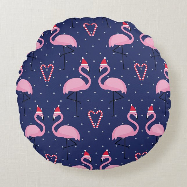 Flamingo Xmas Hat Candy Pattern Round Pillow (Front)