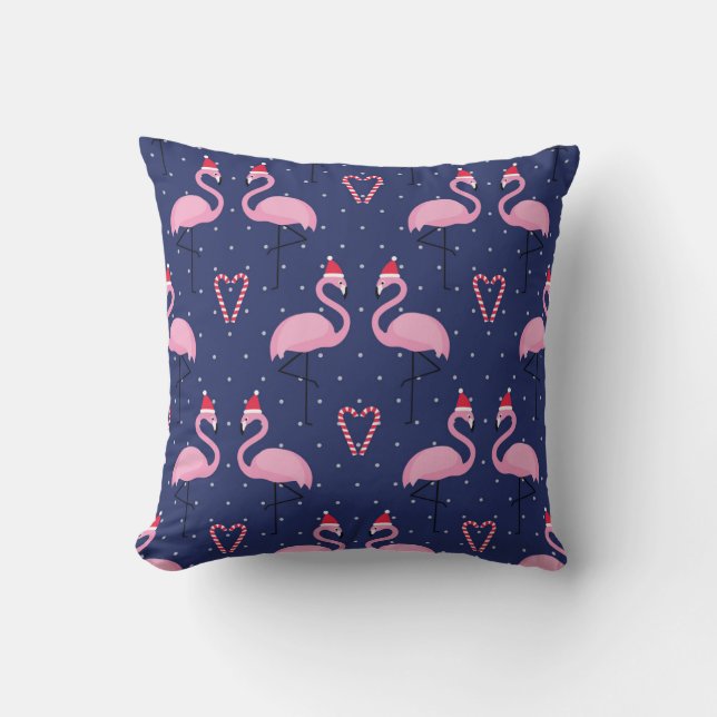Flamingo Xmas Hat Candy Pattern Throw Pillow (Front)