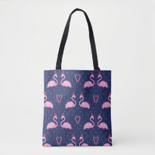 Flamingo Xmas Hat Candy Pattern Tote Bag
