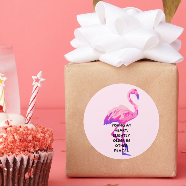 Flamingo Young At Heart Funny Saying Quote  Classic Round Sticker (Party)