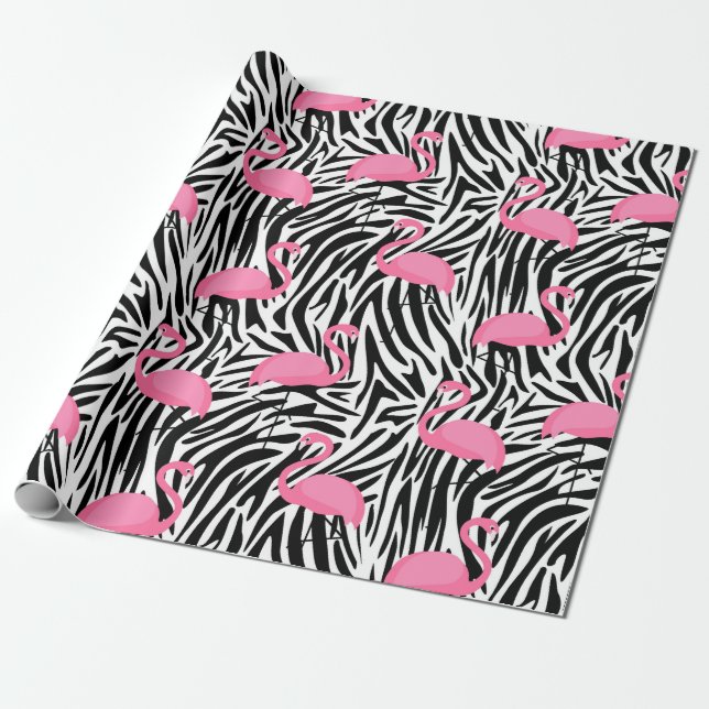 Flamingo Zebra Print Summer Wrapping Paper (Unrolled)