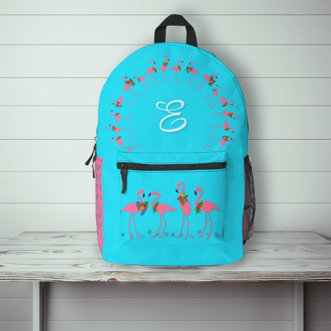 Flamingoes Aqua Monogram Girls Backpack (Creator Uploaded)